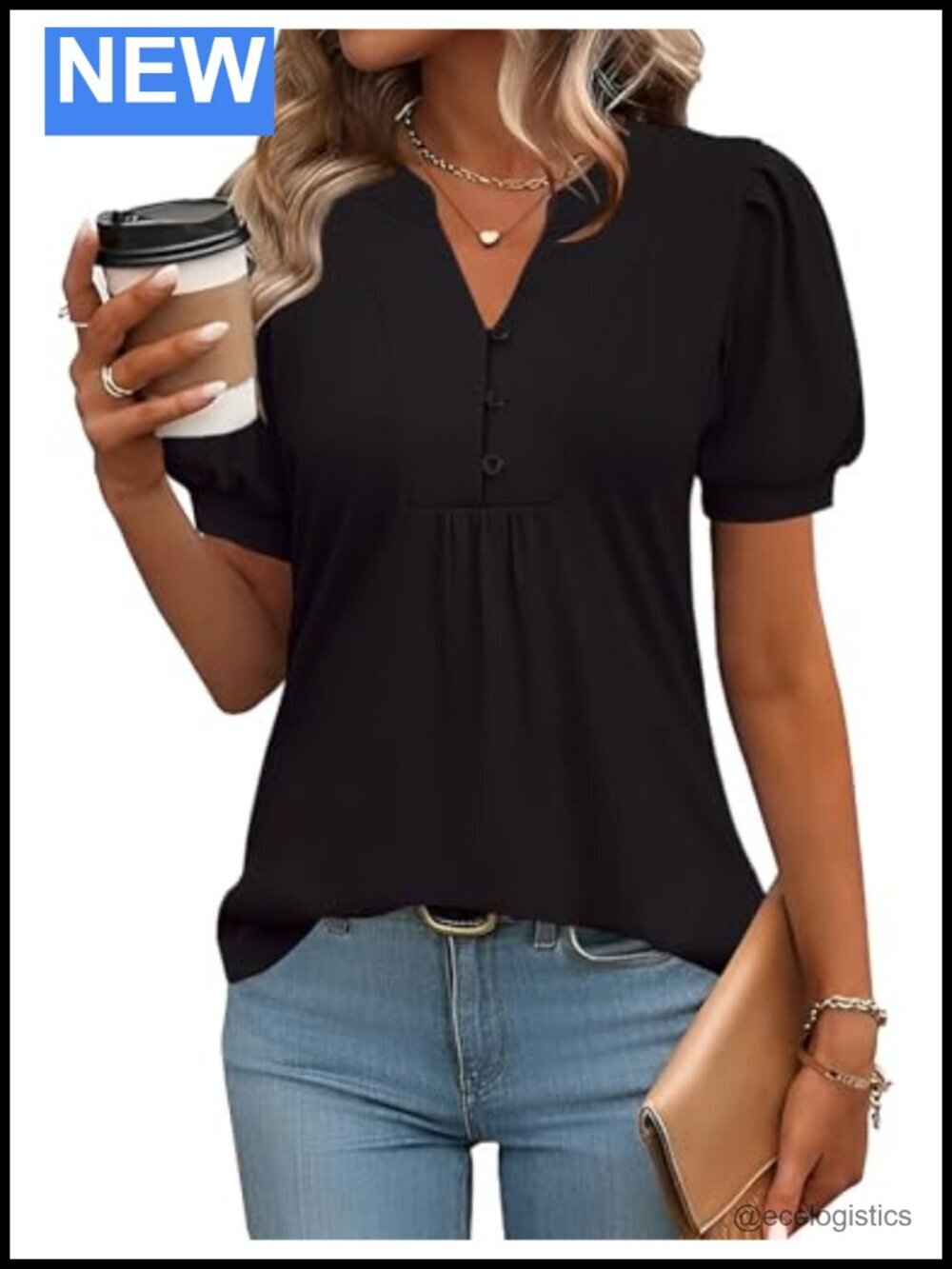 Puff Short Sleeve V-Neck Blouse, Pleated Tunic Tee, Loose Fit Summer Top